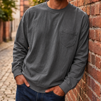 Men's Loose Fit Long Sleeve Pocket T-Shirt – Soft Cotton Blend Casual Tee for Everyday Wear