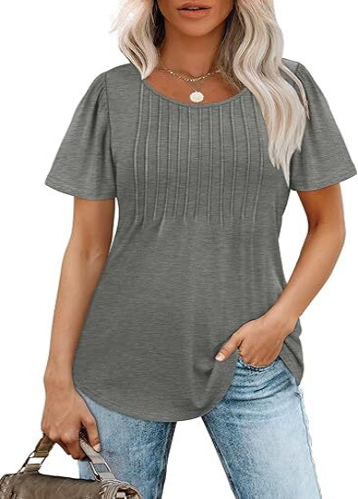 Women's Summer Pleated Blouse - Short Sleeve Scoop Neck Tunic, Dressy Casual Flare Top (S-4XL)