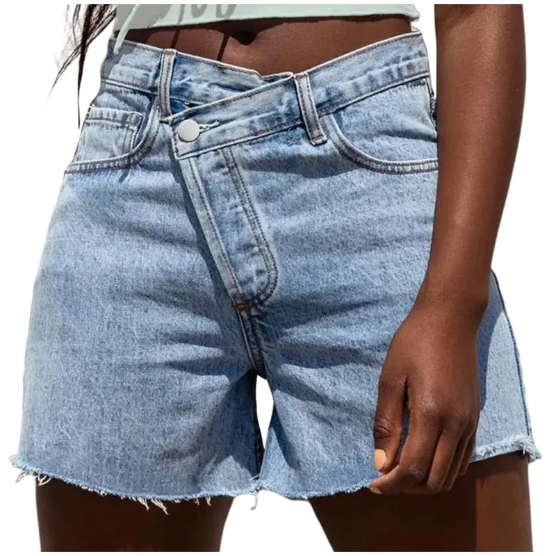 Women Crossover High Waisted Jeans Shorts Stretchy Casual Denim Shorts Boyfriend Summer Womenswear Streetwear Bottom Fit Ripped Style Chic