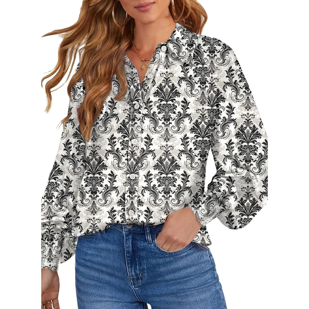 Women's Floral Chiffon Button Down Blouse – V Neck Long Sleeve Casual Boho Shirt