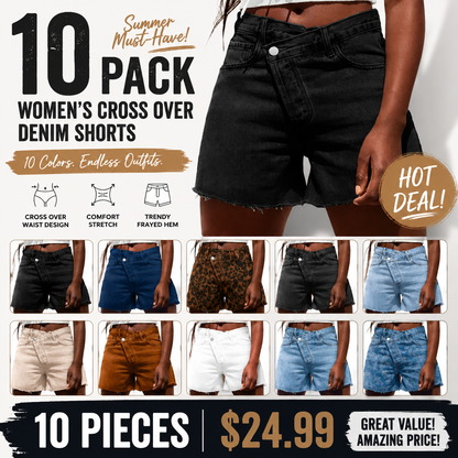 Women Crossover High Waisted Jeans Shorts Stretchy Casual Denim Shorts Boyfriend Summer Womenswear Streetwear Bottom Fit Ripped Style Chic