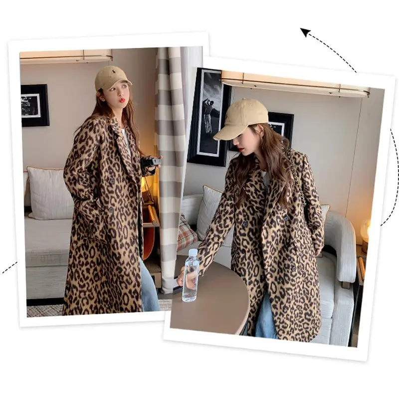 Women's Leopard Print Double-Breasted Wool Blend Trench Coat – Long Winter Overcoat