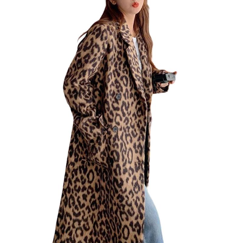 Women's Leopard Print Double-Breasted Wool Blend Trench Coat – Long Winter Overcoat