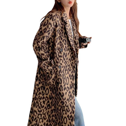 Women's Leopard Print Double-Breasted Wool Blend Trench Coat – Long Winter Overcoat