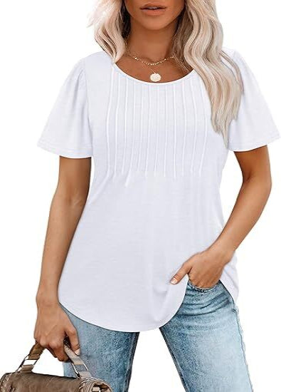 Women's Summer Pleated Blouse - Short Sleeve Scoop Neck Tunic, Dressy Casual Flare Top (S-4XL)