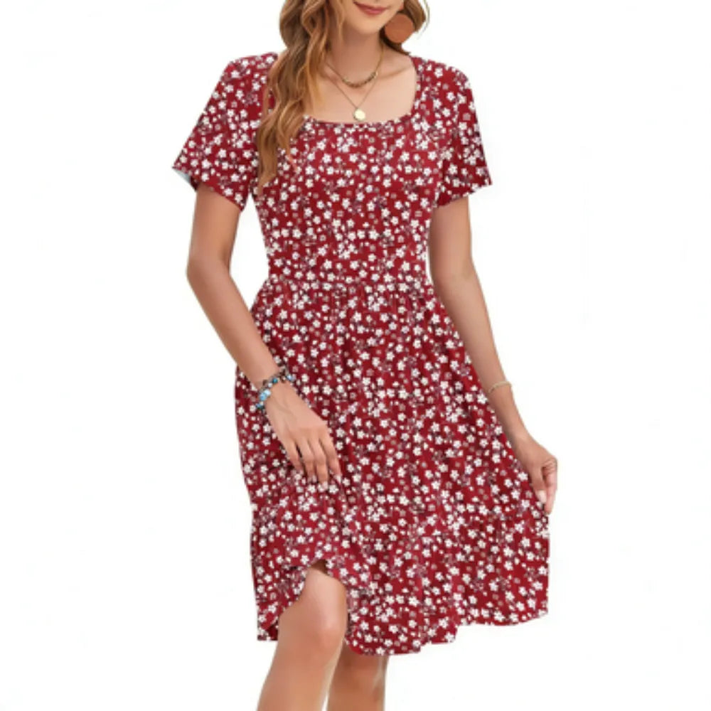 🌴 Vacation-Ready Floral Sundress – Square Neck Ruffle Sleeve Dress with Pockets