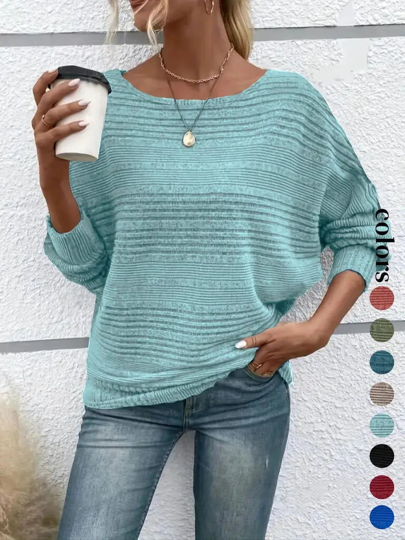 Women's Plain Round Neck Batwing Sleeve Tee, Casual Long Sleeve Crew Neck T-shirt for Fall & Winter