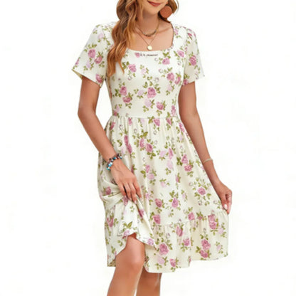 🌴 Vacation-Ready Floral Sundress – Square Neck Ruffle Sleeve Dress with Pockets