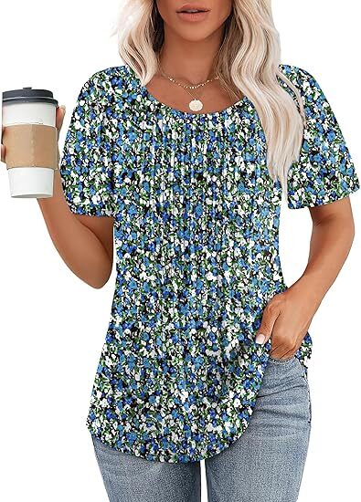 Women's Summer Pleated Blouse - Short Sleeve Scoop Neck Tunic, Dressy Casual Flare Top (S-4XL)