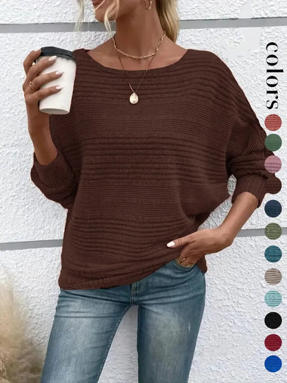 Women's Plain Round Neck Batwing Sleeve Tee, Casual Long Sleeve Crew Neck T-shirt for Fall & Winter
