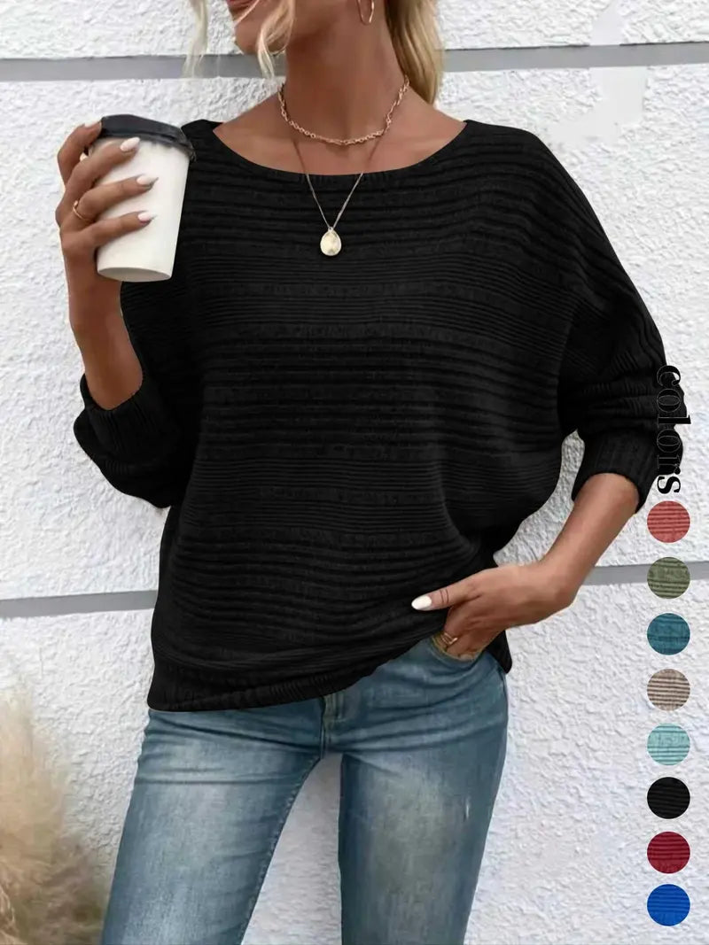 Women's Plain Round Neck Batwing Sleeve Tee, Casual Long Sleeve Crew Neck T-shirt for Fall & Winter