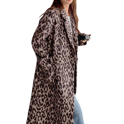 Women's Leopard Print Double-Breasted Wool Blend Trench Coat – Long Winter Overcoat