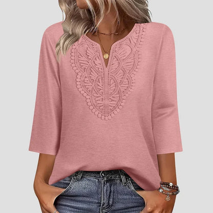 Lace-Trim V-Neck Blouse – Breathable Fabric & Flattering Drape for Work or Weekend