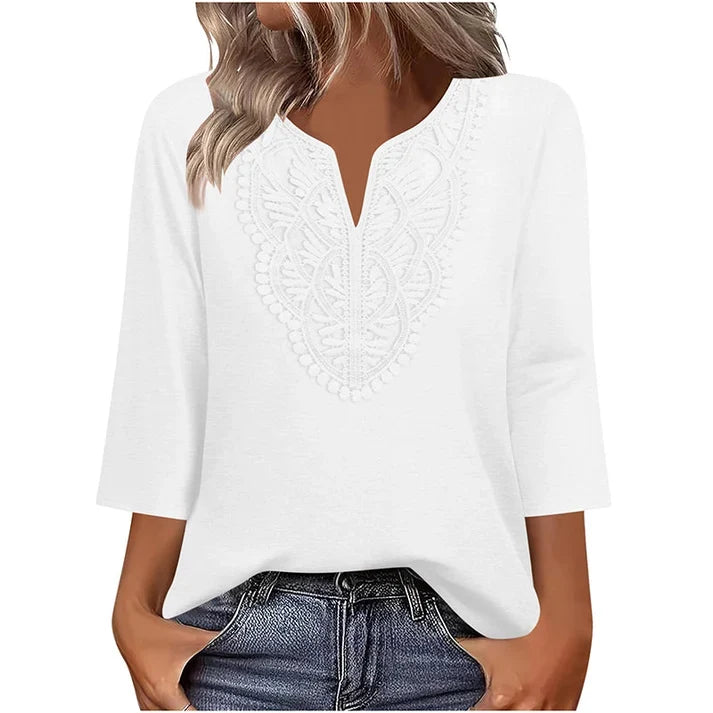 Lace-Trim V-Neck Blouse – Breathable Fabric & Flattering Drape for Work or Weekend