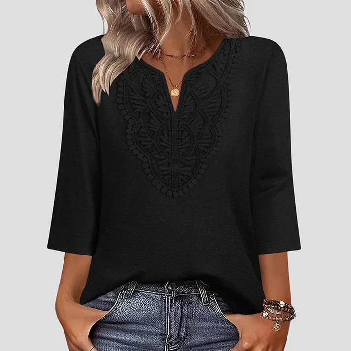 Lace-Trim V-Neck Blouse – Breathable Fabric & Flattering Drape for Work or Weekend