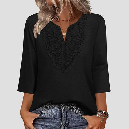 Lace-Trim V-Neck Blouse – Breathable Fabric & Flattering Drape for Work or Weekend