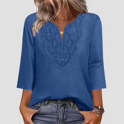 Lace-Trim V-Neck Blouse – Breathable Fabric & Flattering Drape for Work or Weekend