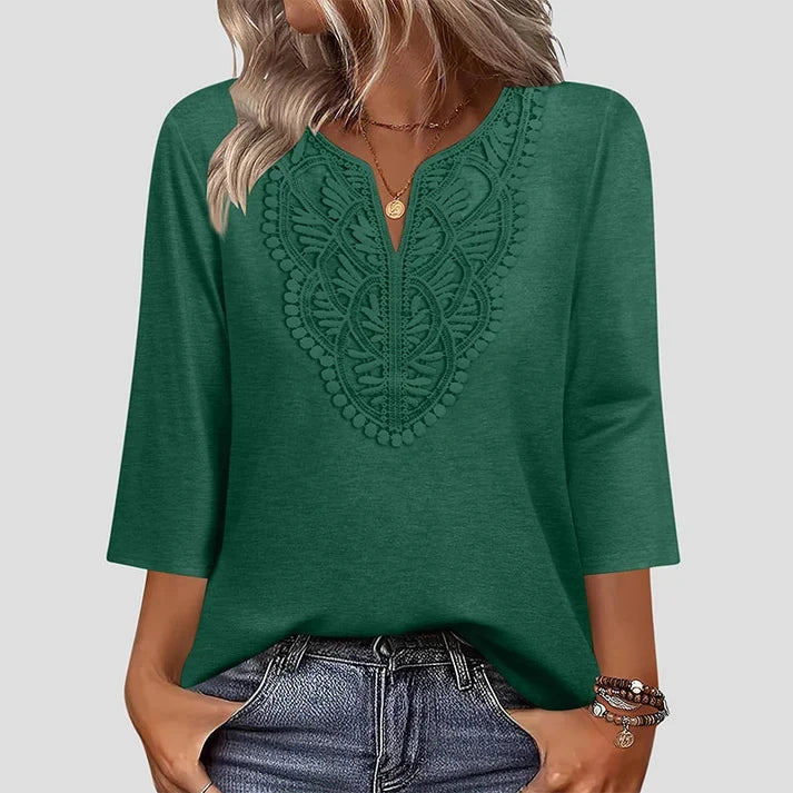 Lace-Trim V-Neck Blouse – Breathable Fabric & Flattering Drape for Work or Weekend