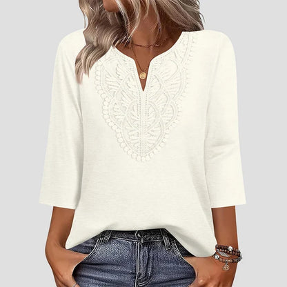 Lace-Trim V-Neck Blouse – Breathable Fabric & Flattering Drape for Work or Weekend