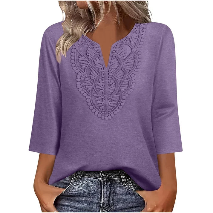 Lace-Trim V-Neck Blouse – Breathable Fabric & Flattering Drape for Work or Weekend