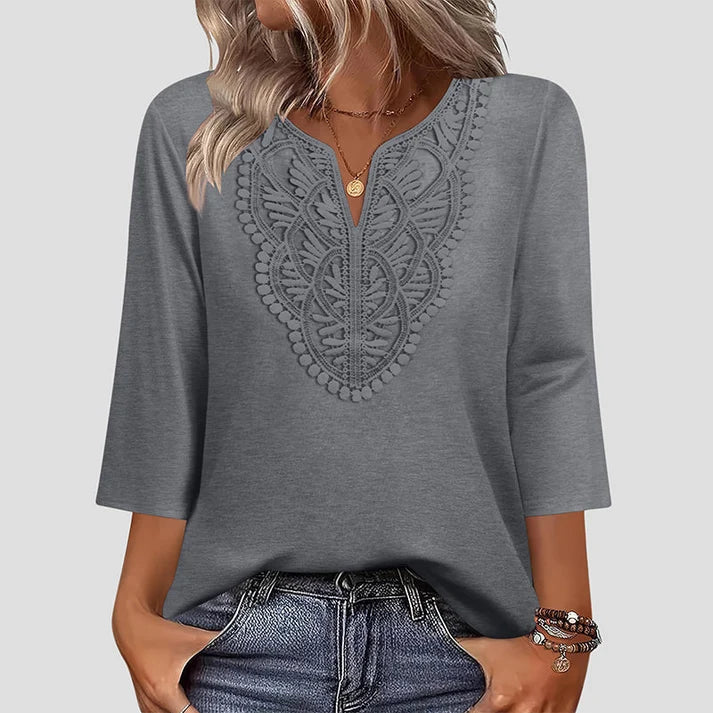Lace-Trim V-Neck Blouse – Breathable Fabric & Flattering Drape for Work or Weekend