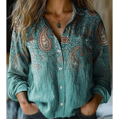 Women's Vintage Print Button Down Shirt – Casual Long Sleeve Relaxed Fit Blouse