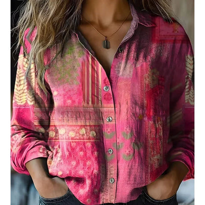 Women's Vintage Print Button Down Shirt – Casual Long Sleeve Relaxed Fit Blouse