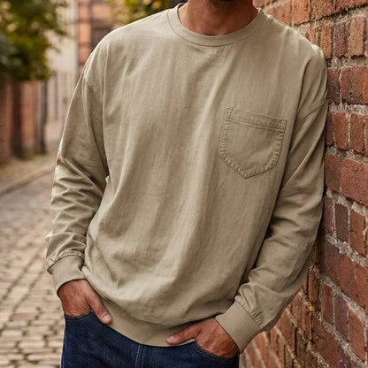 Men's Loose Fit Long Sleeve Pocket T-Shirt – Soft Cotton Blend Casual Tee for Everyday Wear
