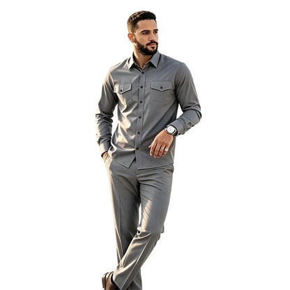 Men Two Piece Polyester Shirt Pants Set
